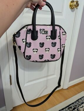 Betsey Johnson Pink Panda Print Crossbody Satchel with Black Trim and Strap